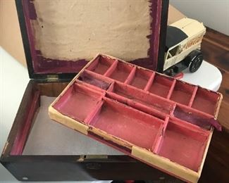 #117	Vintage Wooden Jewelry Box w/tray & Mother of Pearl Inlay Top 25x9x4	 $20.00 		
