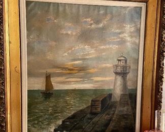 Antique oil on canvas original light house painting signed (more details coming) 