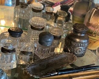 antique vanity jars and inkwell and old pens