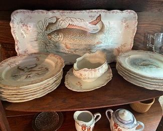 Antique Austria Porcelain Fish Scene  Platter and Plate Set - Beautiful Set. 