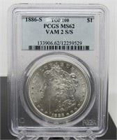 Yr: 1886 - S/S
Denomination Morgan Silver Dollar
Located in: Chattanooga, TN
S /S Mint
PCGS Top 100 MS62 VAM 2