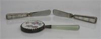 Located in: Chattanooga, TN
Mirror & Butter Knives
(1) Jade Handle Round Hand Mirror
(2) Opal Handle Butter Knives