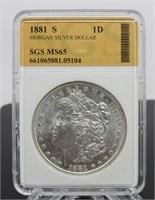 Yr: 1881 - S
Denomination Morgan Silver Dollar
Located in: Chattanooga, TN
S Mint
SGC MS 65