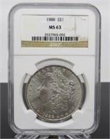 Yr: 1888 - P
Denomination Morgan Silver Dollar
Located in: Chattanooga, TN
P Mint
NGC MS63