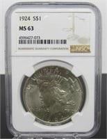 Yr: 1924 -P
Denomination Peace Dollar
Located in: Chattanooga, TN
P Mint
NGC MS63
