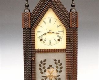 J C Brown Ripple Front Steeple Clock - A mid 19th century J. C. Brown ripple front steeple clock.  8-day  time and strike movement stamped "Brewster & Ingrahams, Bristol, Conn" with painted metal dial and Roman numerals.  Rosewood case with applied Ripple molding, turned finials, single door with etched lower glass.  Paper label 80% intact.  Original finish with minor wear, small dial flakes, running when cataloged.  19 3/4" high.  ESTIMATE $600-800
