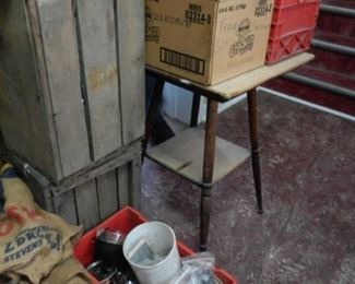 Seed sacks, antique table, crates, miscellaneous