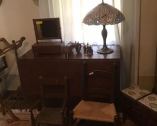 Antique table, child’s chair, and work chair with new bottom