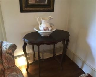 Turtle top table, old frame, bowl and pitcher 