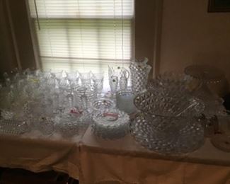 Fostoria cubist pattern. Very large assortment including punch bowl, vases,candle sticks