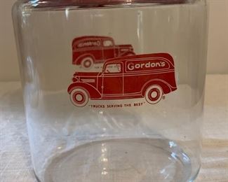 Vintage glass Gordon's chips jar with lid.