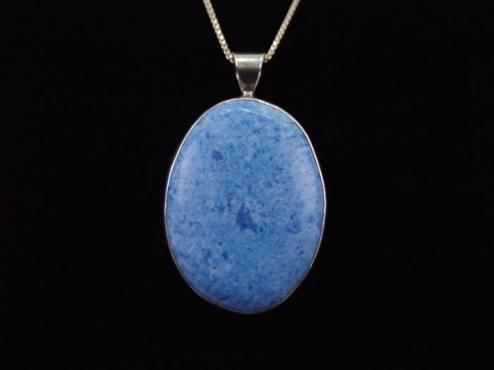 .925 Sterling Silver Large Leland Blue Stone Cabochon Pendant Necklace
