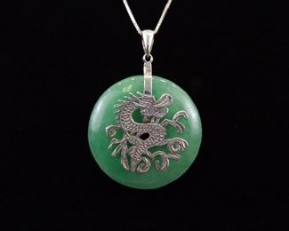 .925 Sterling Silver Jade Disk Dragon Pendant Necklace
