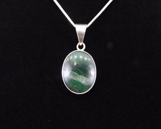 .925 Sterling Silver Moss Agate Cabochon Pendant Necklace
