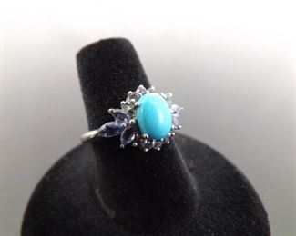 .925 Sterling Silver Sleeping Beauty Turquoise Cabochon and Amethyst Ring Size 6.5
