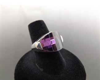 .925 Sterling Silver Step Faceted Amethyst Ring Size 6.5
