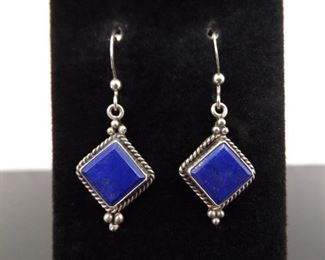 .925 Sterling Silver Lapis Lazuli Dangle Hook Earrings
