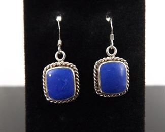 .925 Sterling Silver Lapis Lazuli Cabochon Dangle Hook Earrings
