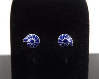 .925 Sterling Silver Inlayed Blue Enamel Shell Post Earrings
