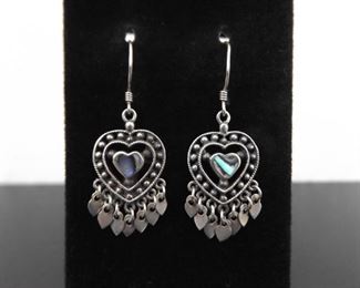.925 Sterling Silver Blue Abalone Heart Dangle Hook Earrings
