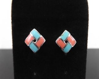 .925 Sterling Silver Inlayed Turquoise and Coral Earrings
