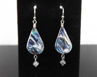 .925 Sterling Silver Dichroic Glass Dangle Hook Earrings
