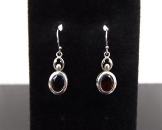 .925 Sterling Silver Oval Cut Garnet Dangle Hook Earrings
