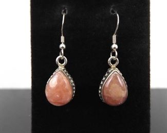 .925 Sterling Silver Pink Agate Dangle Hook Earrings
