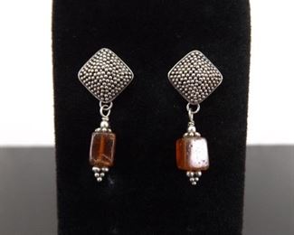.925 Sterling Silver Amber Block Shield Dangle Post Earrings

