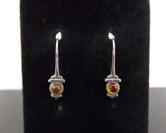 .925 Sterling Silver Citrine Crystal Cabochon Hook Earrings
