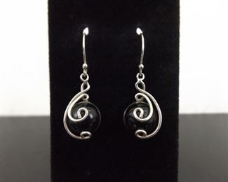 .925 Sterling Silver Black Onyx Cabochon Dangle Hook Earrings

