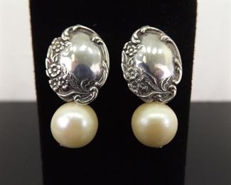 .925 Sterling Silver Pearl Dangle Shield Post Earrings
