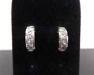 .925 Sterling Silver Trillion Cut Crystal Zirconia Half Hoop Post Earrings
