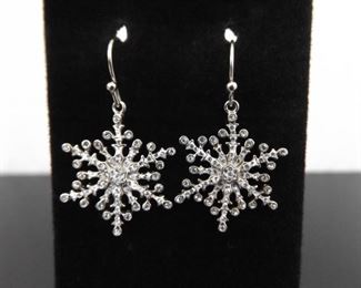 .925 Sterling Silver Snowflake Crystal Dangle Hook Earrings
