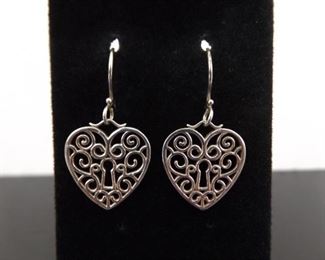 .925 Sterling Silver Heart Dangle Hook Earrings
