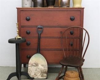 Hepplewhite chest in red paint, red Windsor chair, Candle stand, painted shovel, stoneware, wood dough bowl. Picture #A.63