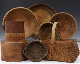Wooden bowls, measures, splint and rye baskets. Picture #A.67
