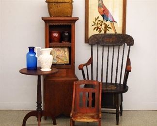 Small pine cupboard, stenciled armchair, painted child's chair, needlepoint parrot. Picture #A.44
