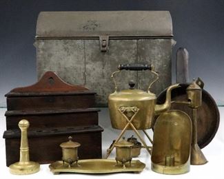 Tin dome-top trunk, pipe rack, tea kettle on stand, inkwell, lighting.  Picture #A.50
