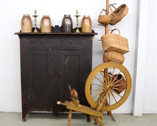 Painted blanket chest, spinning wheel, basket tree with baskets, crocks. Picture #A.61	
