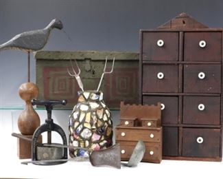 Spice chest, shore bird decoy, memory jug, painted box, cast iron juicer.  Picture #A.39	
