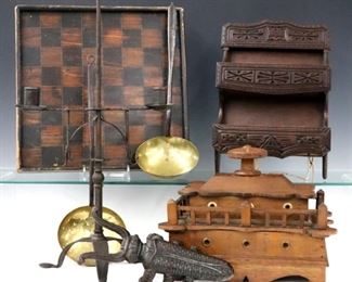 Game board, wrought iron candle stick, comb box, sewing box, cast iron boot jack. Picture #A.32

