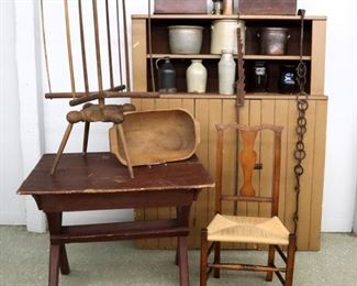 Step-back cupboard, saw back table, yarn winder, iron trammel, crocks.  Picture #A.49