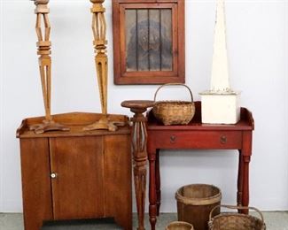 Walnut cupboard, red side table, caged lion painting, stands & baskets. Picture #A.36

