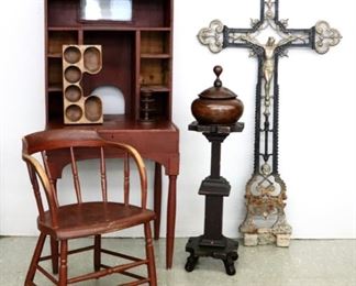 Secretary in red paint, painted Windsor arm chair, cast iron crucifix. Picture #A.28	
