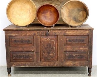 Painted blanket box dated 1854, wooden trencher and bowls. Picture #A.31
