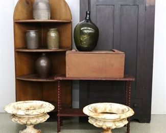 Corner shelf, single door wardrobe, pair of cast iron urns, dough box in red paint, spool leg table. Picture #A.24	
