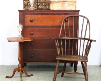 Cherry and maple chest, papered dome top trunk, Windsor chair, hooked rug. Picture #A.16
