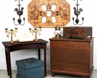 Walnut writing table, walnut meal box, Mason's lodge flag stand in blue, marquetry frame, pair of candle sconces, chip carved bible box, lighting. Picture #A.13
