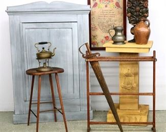 Windsor kettle stand, blue cupboard, Ochre pedestal, drying rack, souvenir sword, carving, theorem. Picture #A.14
